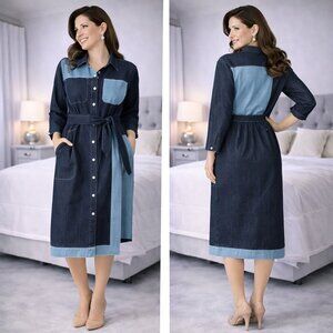 Colorblock Denim Midi Shirt Dress - Two-Tone Blue